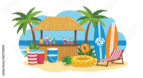 Tropical beach bar scene with a tiki hut surfboards palm trees and summer cocktails on a sunny day perfect for vacation concepts.