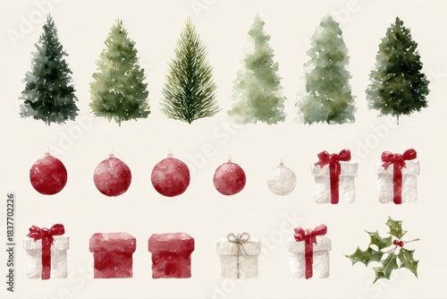 Holiday set featuring Christmas trees, ornaments, gift boxes, and festive decorations for multipurpose design