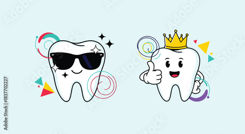 Two cute cartoon tooth characters one cool with sunglasses and one a king with a crown surrounded by colorful abstract shapes.