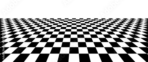 Checkerboard floor in perspective. Black and white fading checkered tile pattern background. Retro horizontal chess board grid plane surface. Vector vintage empty room stage checker floor