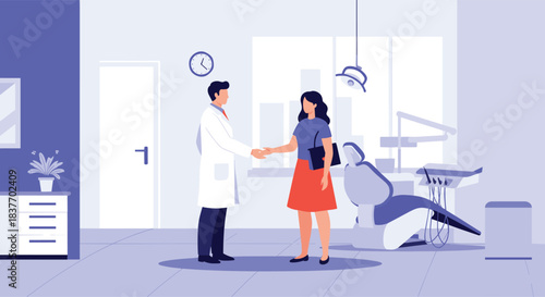 Male dentist in a white coat shaking hands with a female patient in a modern dental clinic office with professional equipment.