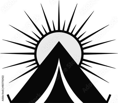 Stylized camping tent and rising sun icon logo on white background.