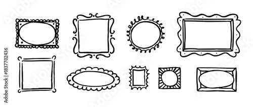 Doodled picture frame set. Hand drawn photo and image gallery border collection. 9 scribbled art frame layout composition. Sketched mood board collage template. Memory wall arrangement idea. Vector