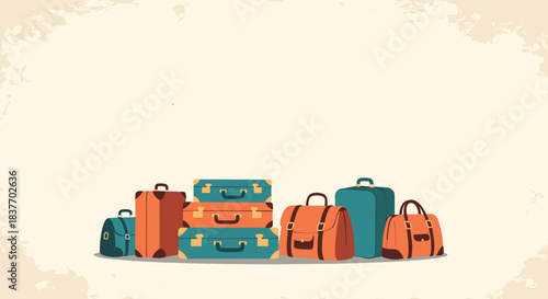 Collection of vintage style travel luggage including suitcases and bags in a retro color palette on a textured beige background.