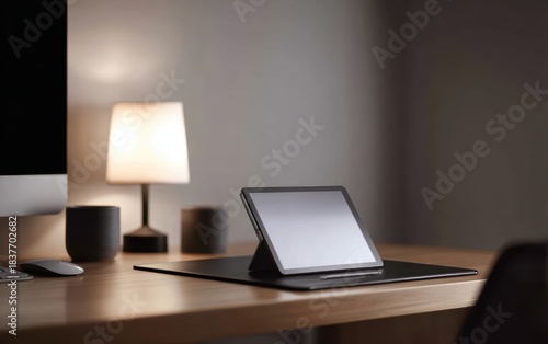 Wallpaper Mural Compact desk setup with tablet, monitor, and lights, neat organized work-from-home style Torontodigital.ca