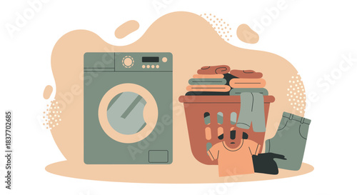 A modern flat design vector illustration depicting the concept of laundry day with a front-loading washing machine and a full basket of folded, clean clothes. This conceptual graphic uses muted, earth