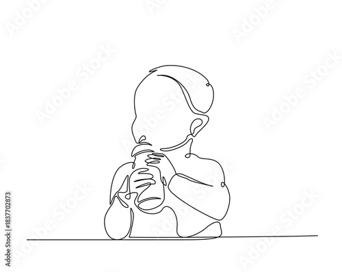 Cute baby drinking milk outline drawing illustration. one continuous line drawing of baby drinking milk.