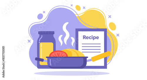 Flat design vector illustration showcasing a cooking process. Elements include a hot meal in a serving dish, a jar of ingredients, and a recipe card or instruction manual, emphasizing food preparation