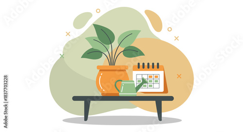 Modern flat vector illustration showing a green potted houseplant, a watering can, and a desk calendar marking a watering date, symbolizing scheduled care and routine maintenance. Ideal for articles, 