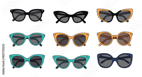 A collection of nine different pairs of sunglasses in various trendy styles and colors like cat eye and retro on white.