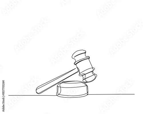 Judge's hammer over the the block outline drawing illustration. one continuous line drawing of justice hammer.