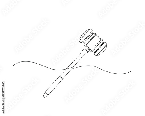 Judge's hammer over the the block outline drawing illustration. one continuous line drawing of justice hammer.