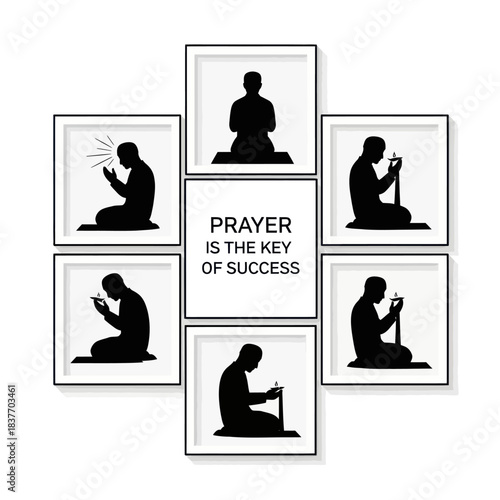 Silhouettes of Muslim men praying in various positions with a central message.