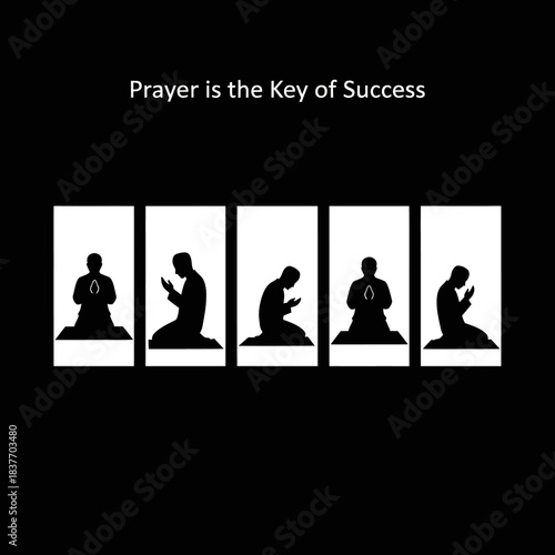 Silhouette of people praying in a row with text prayer is the key of success.