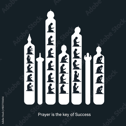 Islamic Prayer Silhouettes within Minaret Shapes on Dark Background.