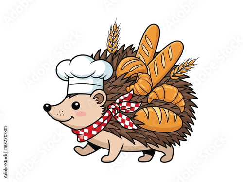 A cute cartoon hedgehog wearing a chef's hat and a red checkered scarf, carrying various baked goods like bread and croissants on its back.