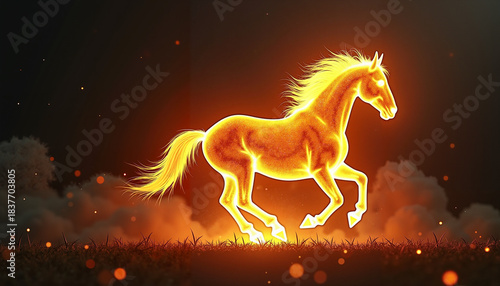 Glowing horse illustration in bright yellow on a dark background portraying energy and movement

