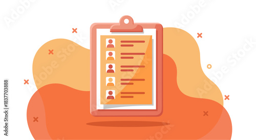 A modern, bright flat vector illustration showing a clipboard holding an administrative form or checklist with user profiles. This graphic resource is ideal for depicting concepts of human resource ma