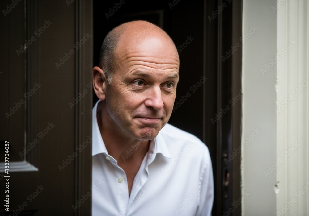 Obraz premium A Bald Man in a White Shirt Leans Through a Doorway