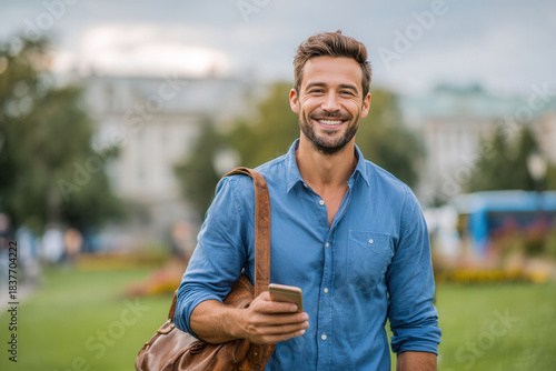 Man stands in park with phone while smiling in front of buildings during daytime