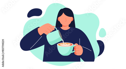 Modern flat vector illustration depicting a young woman or professional barista pouring steamed milk from a small pitcher into a ceramic mug, indicating the preparation of a latte or cappuccino. This 