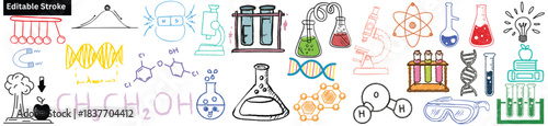 Science and Laboratory Doodle Icon Set With Microscope, DNA, Beaker, Test Tubes, Atom, Chemical Formula and Medical Lab Symbols – Creative Vector Illustration Pack With Hand Drawn Style and Editable.