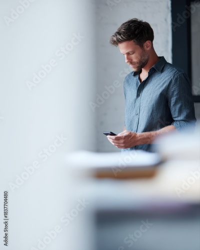 Startup owner checking orders on smartphone in small office