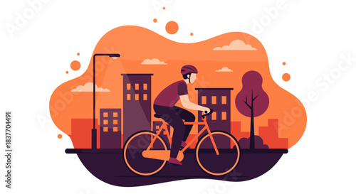 Flat vector illustration of a man riding a bicycle through a stylized orange and purple cityscape at sunset. This contemporary graphic represents eco-friendly urban commuting, sustainable transport, p