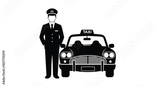 A taxi driver standing beside a classic car black and white silhouette