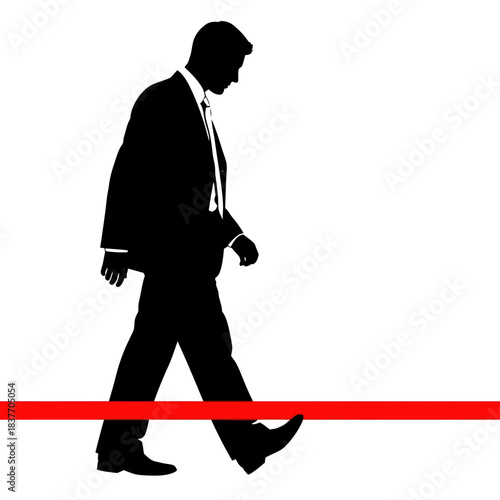 Silhouette of a businessman stepping over a red line, symbolizing boundaries and challenges.