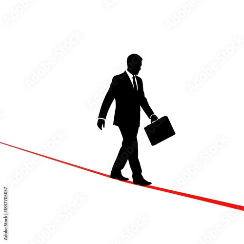 Silhouette of a businessman walking a tightrope with a briefcase.