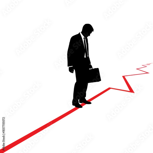 Businessman in a suit walking on a volatile red line graph.