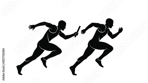 Two athletes running a relay race dynamic action in silhouette