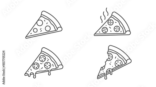 Line art depiction of pizza slices in various arrangements silhouette