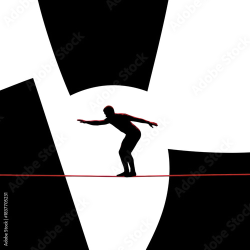 Silhouette of a person balancing on a tightrope demonstrating focus and skill.