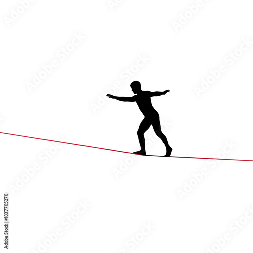 Silhouette of a man carefully balancing on a tightrope.