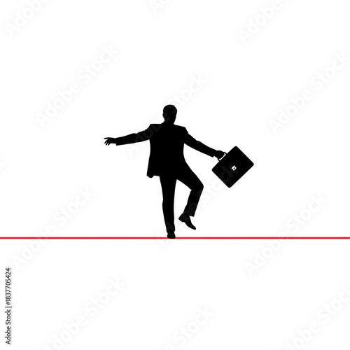 Silhouette of a businessman balancing on a tightrope with a briefcase.