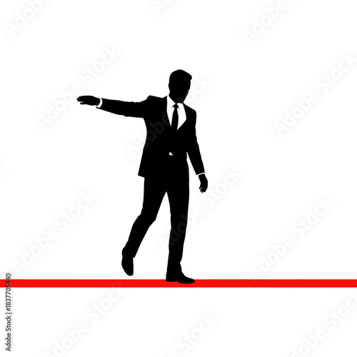Silhouette of a businessman balancing on a red line with arms outstretched.