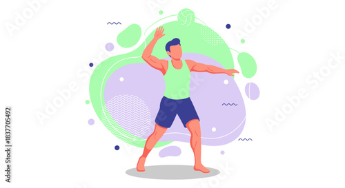 A vibrant and energetic flat vector illustration featuring a young athletic man actively performing a workout, dance, or fitness exercise movement. He is wearing a green tank top and blue shorts, depi