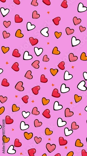 Many colorful hearts and stars are scattered on a vertical pink background with scribble animation, suitable for Valentine's Day designs, love-themed projects, greeting cards, and social media.