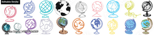 Globe and Earth Doodle Icon Set With World Map, Geography Sphere, Travel Earth and Classroom Globes – Creative Vector Illustration Pack With Hand Drawn Style and Editable Stroke.