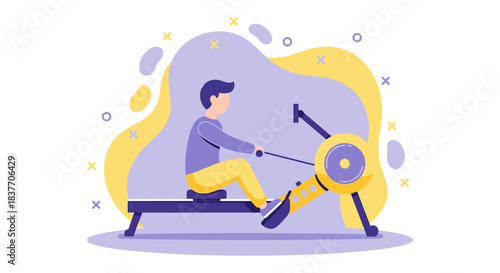 Modern flat design vector illustration depicting a young man performing a demanding full-body cardio and strength workout on a rowing machine (ergometer). This graphic is ideal for promoting health, f