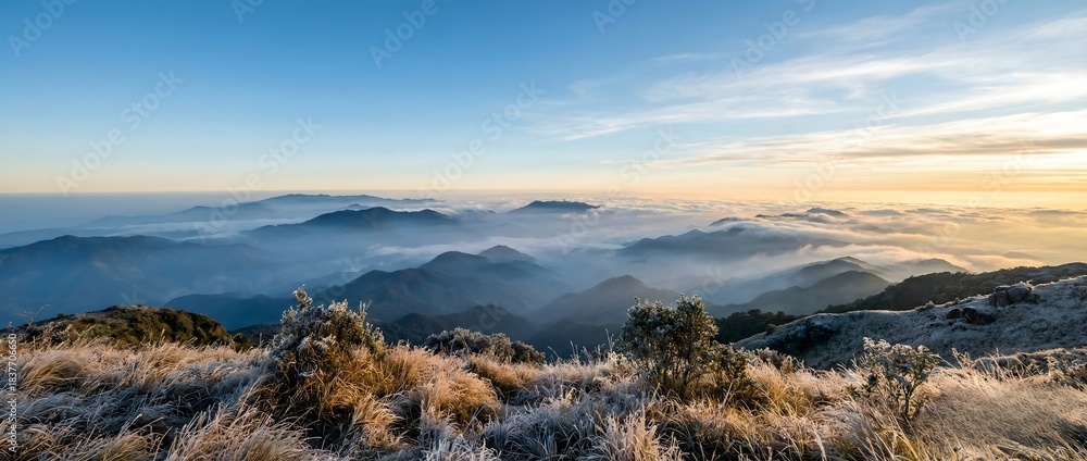 Fototapeta premium Sunrise over Frosted Mountains and a Sea of Clouds