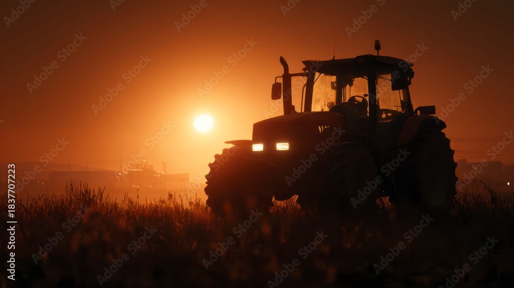 Obraz premium Silhouette of a Tractor in a Field at Sunset