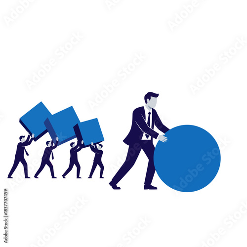 Businessman pushing sphere while others carry cubes, illustrating efficiency.