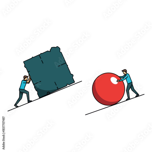 Two men pushing different shapes up a hill, illustrating efficiency and effort.