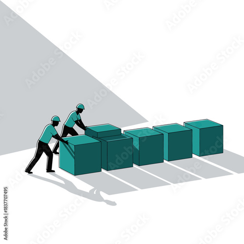 Two workers pushing boxes in a line.