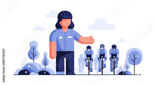 A stylized vector illustration showing a female coach or trainer providing direction and guidance to a group of male cyclists wearing helmets, riding their bikes outdoors. This graphic resource repres