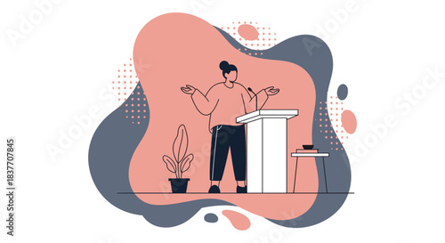 Flat vector illustration showing a person standing behind a lectern or podium with hands spread in a shrug gesture, symbolizing confusion, uncertainty, or a lapse in communication. This graphic is ide