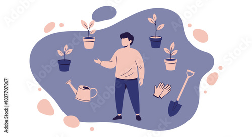 Vector flat illustration depicting a man engaged in the rewarding hobby of gardening, surrounded by small potted seedlings and essential tools like a watering can and shovel. This image conceptualizes